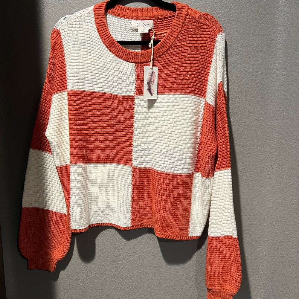 Jessica Simpson Orange and White Crew Neck Sweater